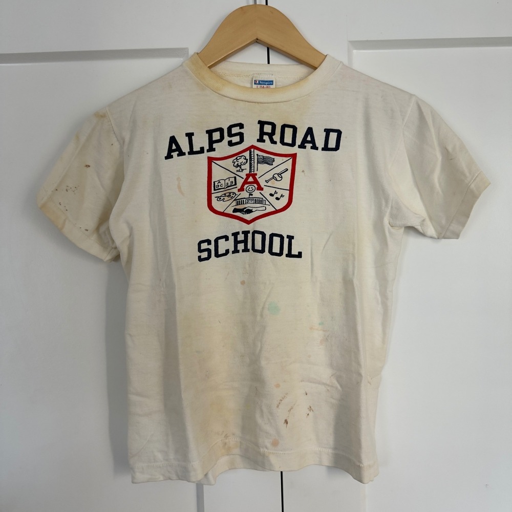 Vintage Kids L Champion Alps Road School T-Shirt White Single Stitch 70s Cotton